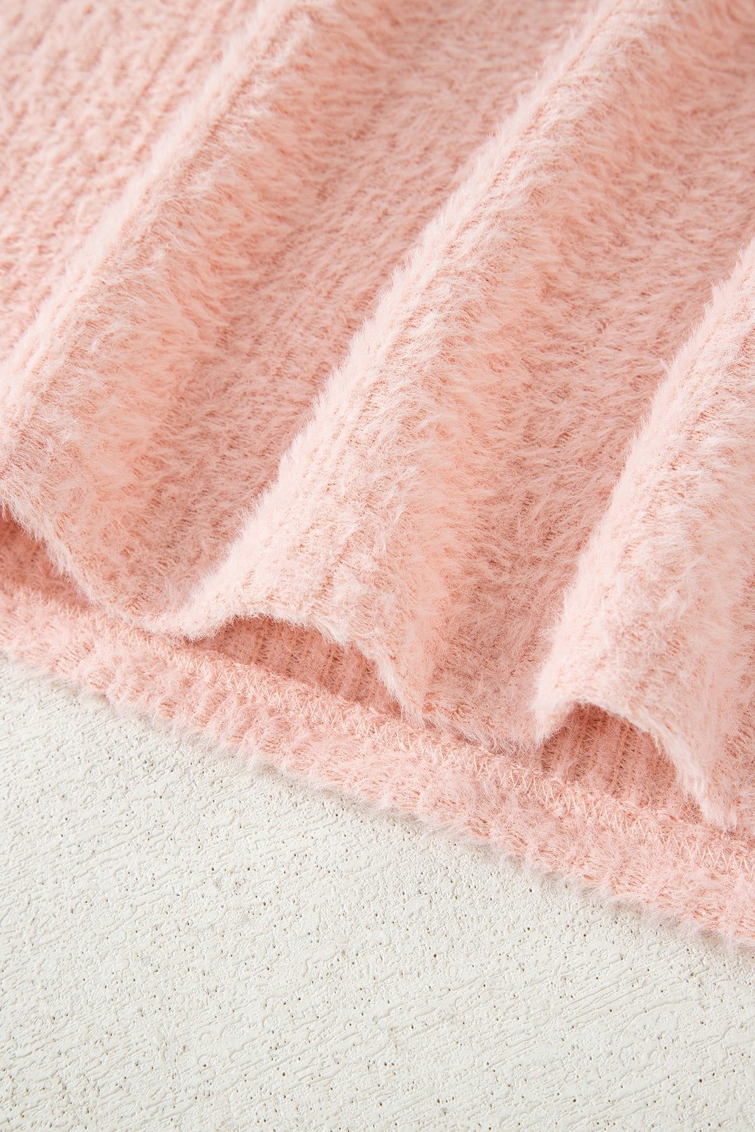 Light Pink Fuzzy Ribbed Texture Round Neck Long Sleeve Top