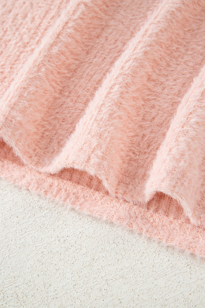 Light Pink Fuzzy Ribbed Texture Round Neck Long Sleeve Top