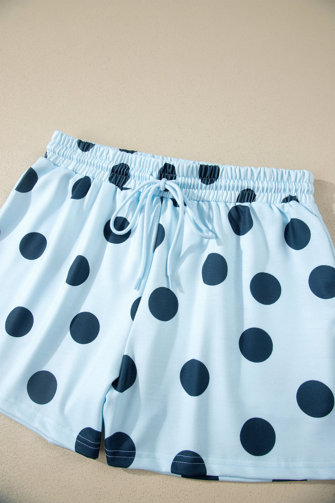 Sky Blue Polka Dot Print Loose Tee Drawstring Elastic Waist Short Set