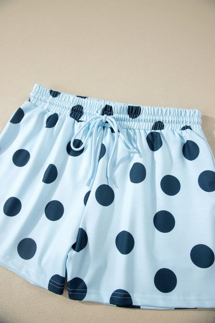 Sky Blue Polka Dot Print Loose Tee Drawstring Elastic Waist Short Set