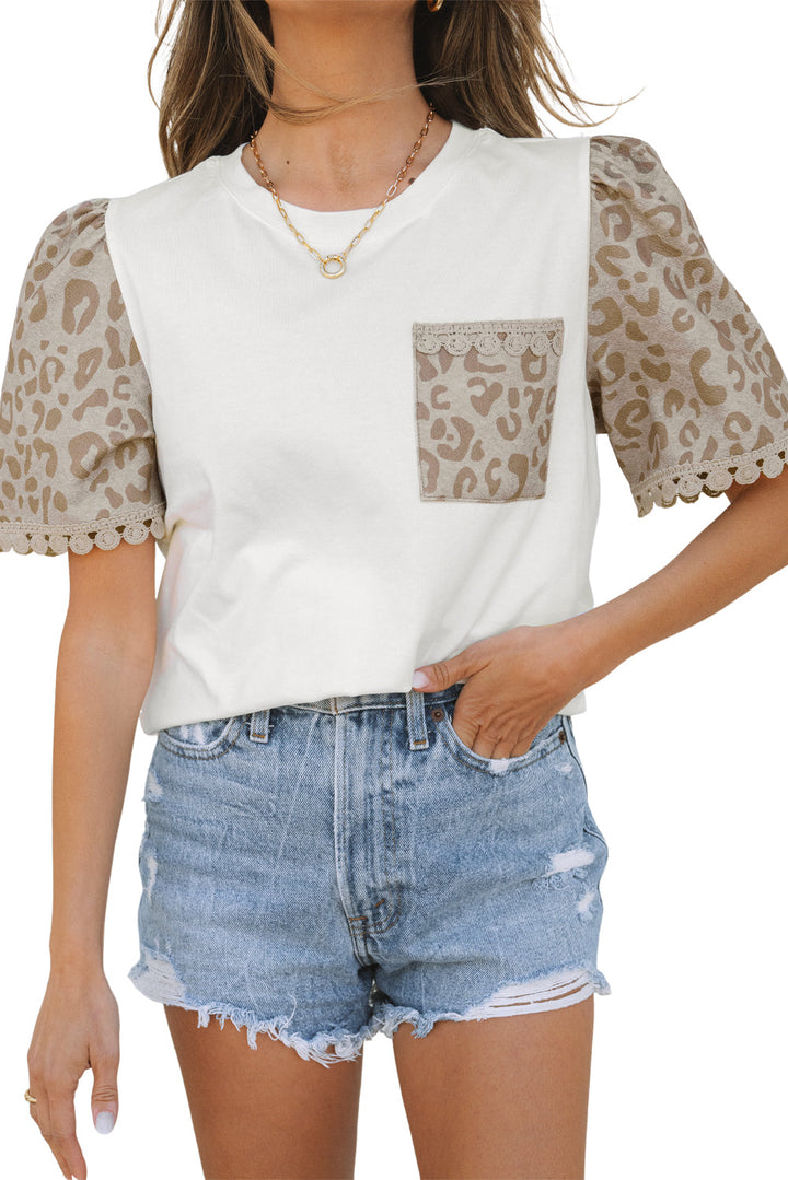 Leopard Patchwork Crochet Lace Trim Puff Sleeve T Shirt