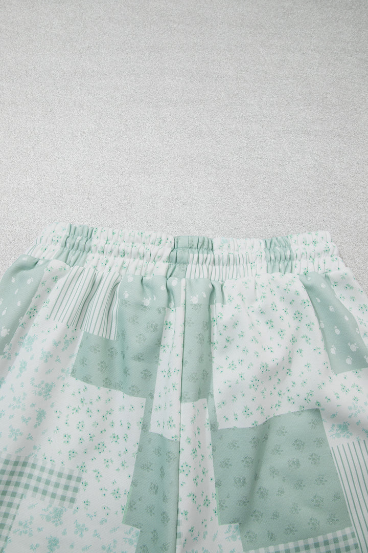 Green Patchwork Floral Print Drop Shoulder Baggy Pullover Drawstring Shorts Set