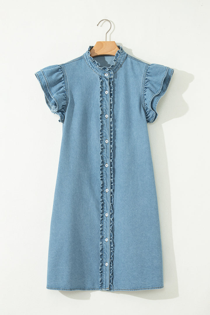 Frilled Detail Button Down Ruffle Short Sleeve Denim Mini Dress