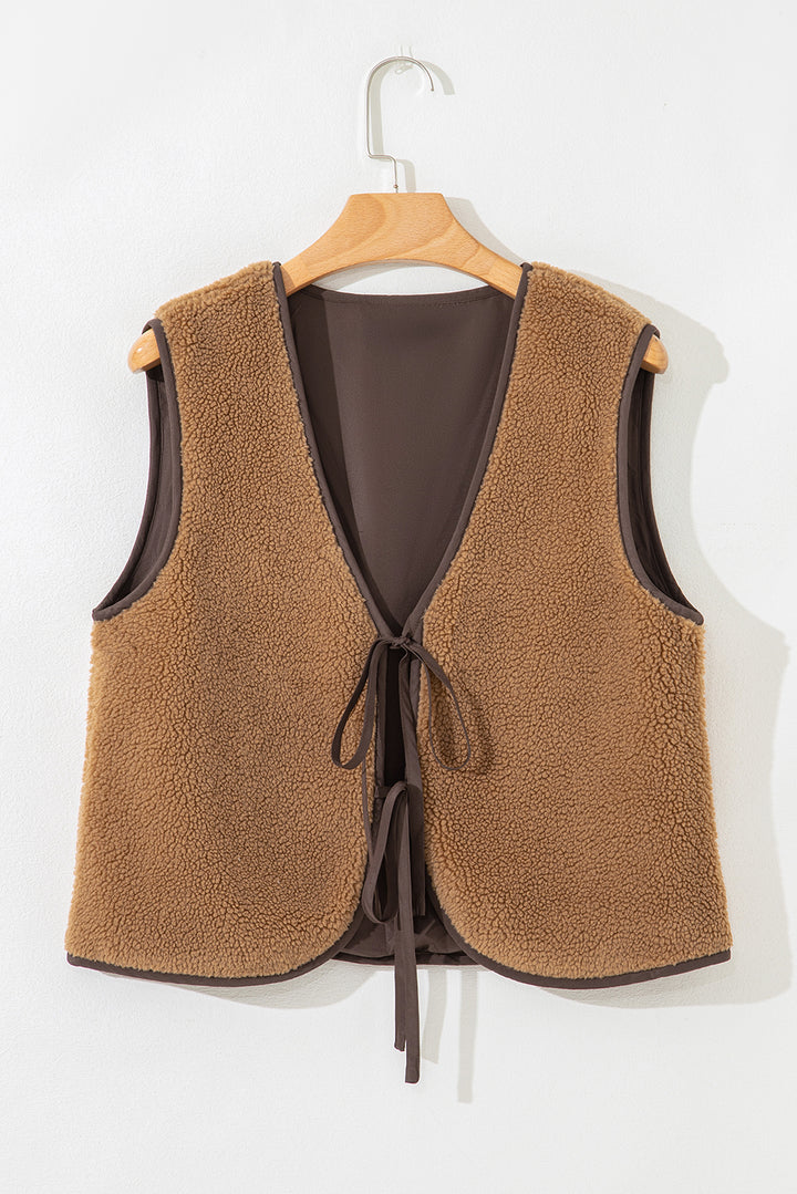Light French Beige Contrast Trim Tie Front Sherpa Vest