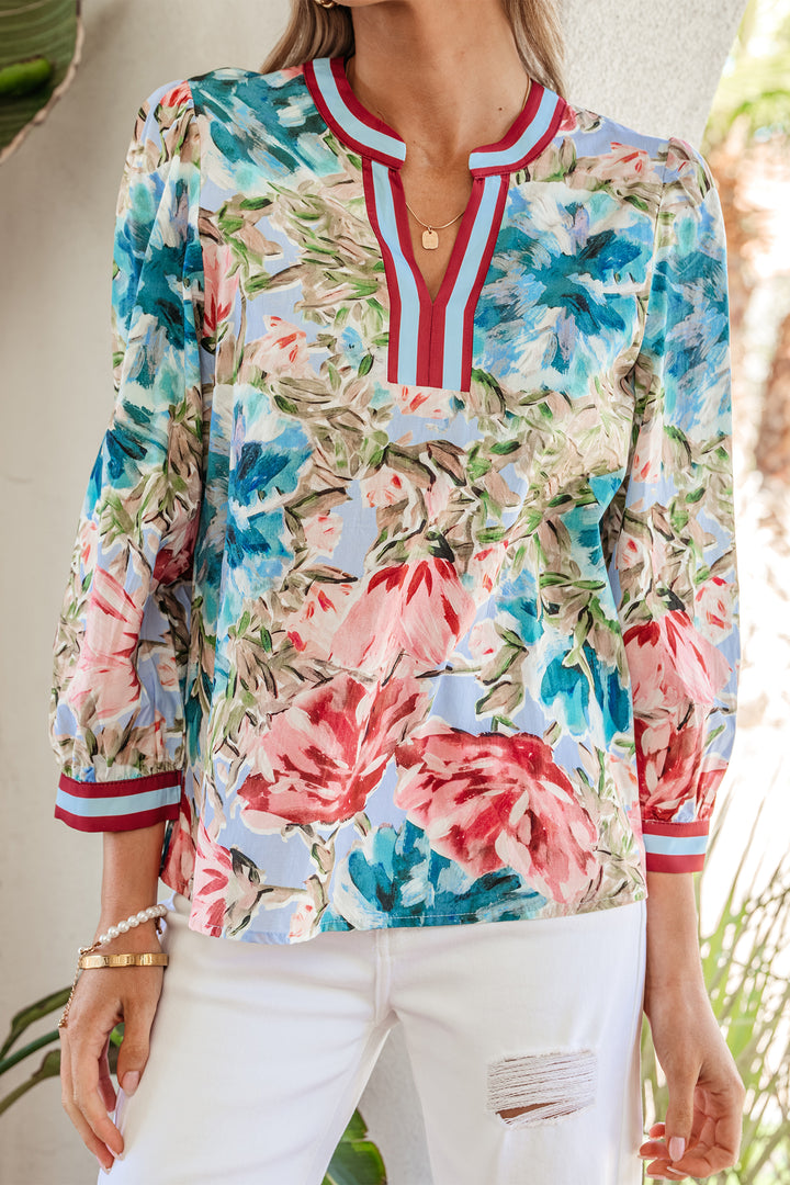 Contrast Trim V Neck Cuffed Bracelet Sleeve Floral Blouse