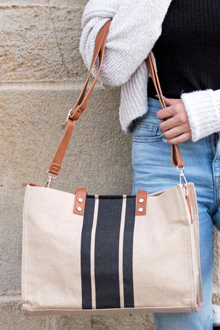 Striped Print Contrast PU Leather Handle Patchwork Shoulder Bag
