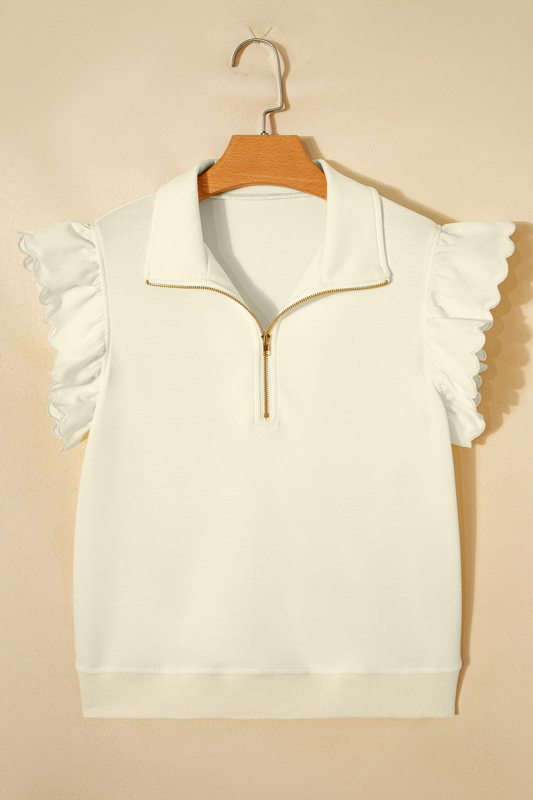 Beige Zipped up Collared Ruffled Short Sleeve Blouse