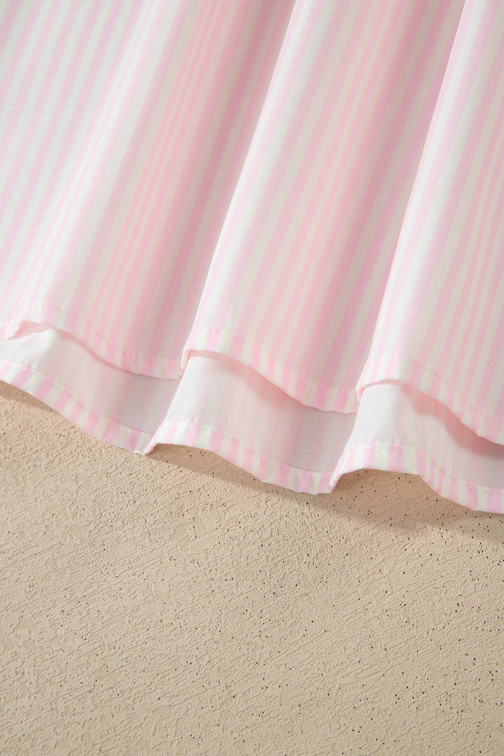 Pink Stripe Contrast Trim V Neck Flutter Sleeve Blouse