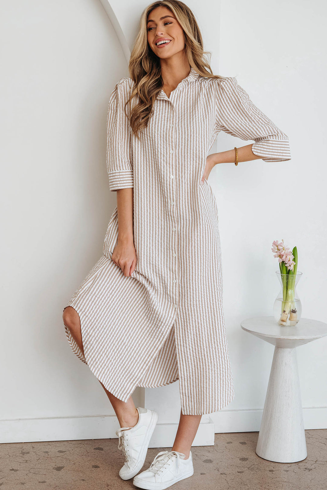 Frilled Collar Half Sleeve Shirt Maxi Dress