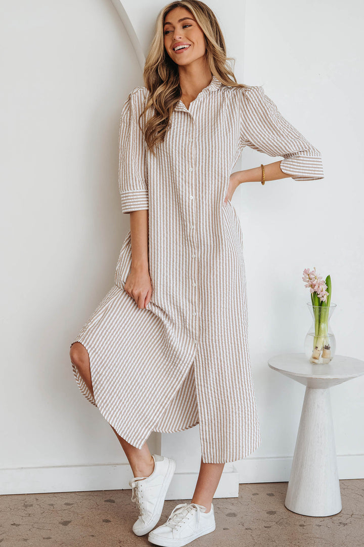 Frilled Collar Half Sleeve Shirt Maxi Dress