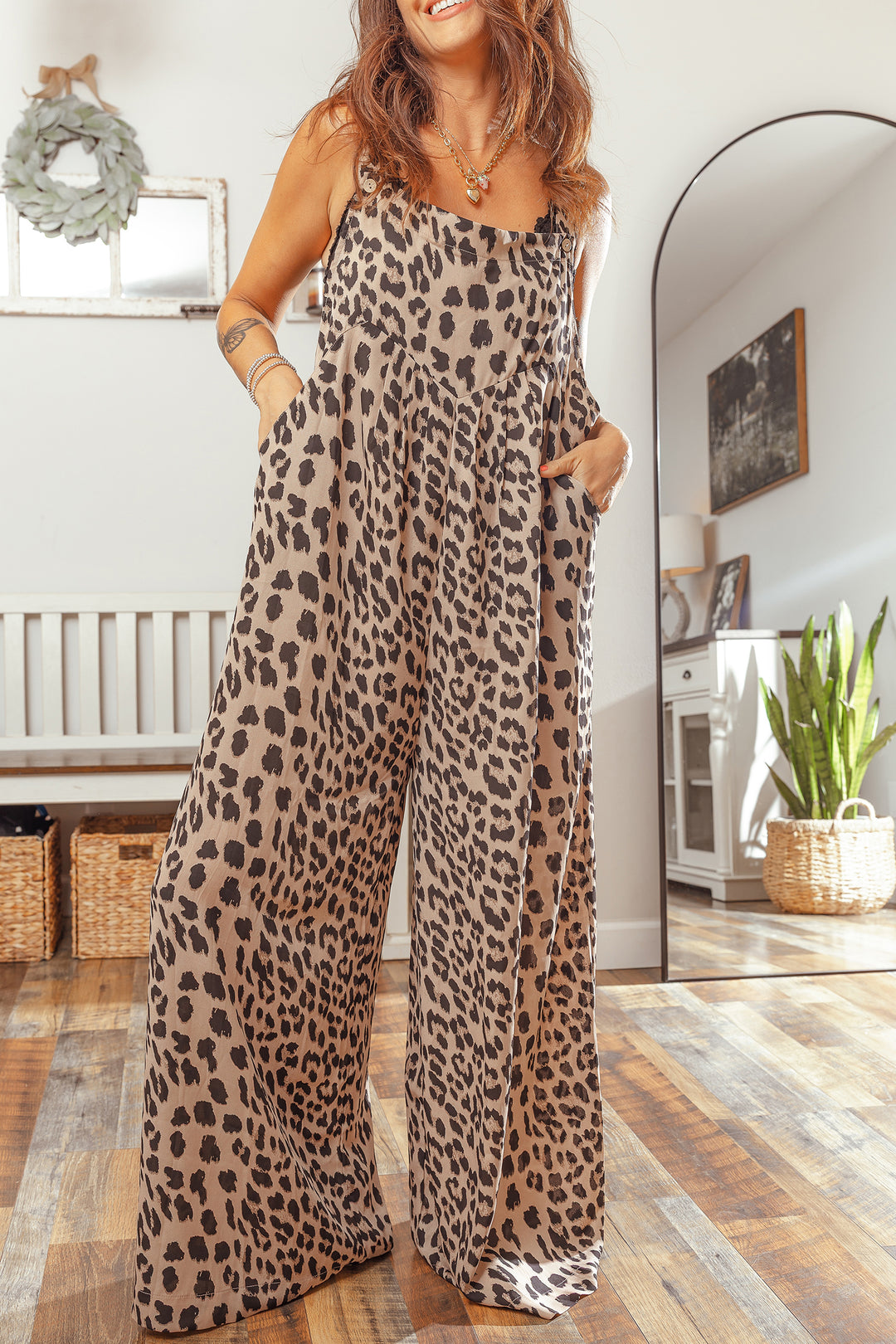 Khaki Leopard Print Square Neck Pleated Wide Leg Jumpsuit
