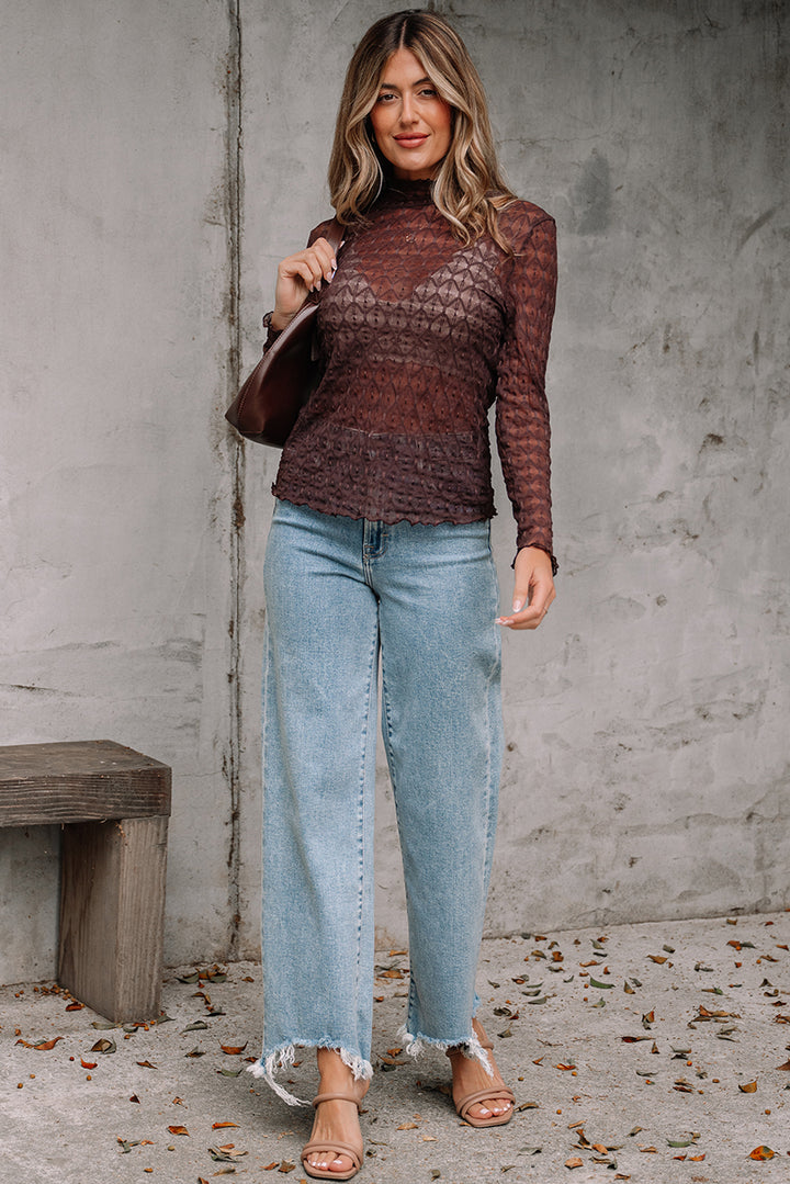 Sheer Mesh Patterned Lettuce Trim Slim Long Sleeve Top