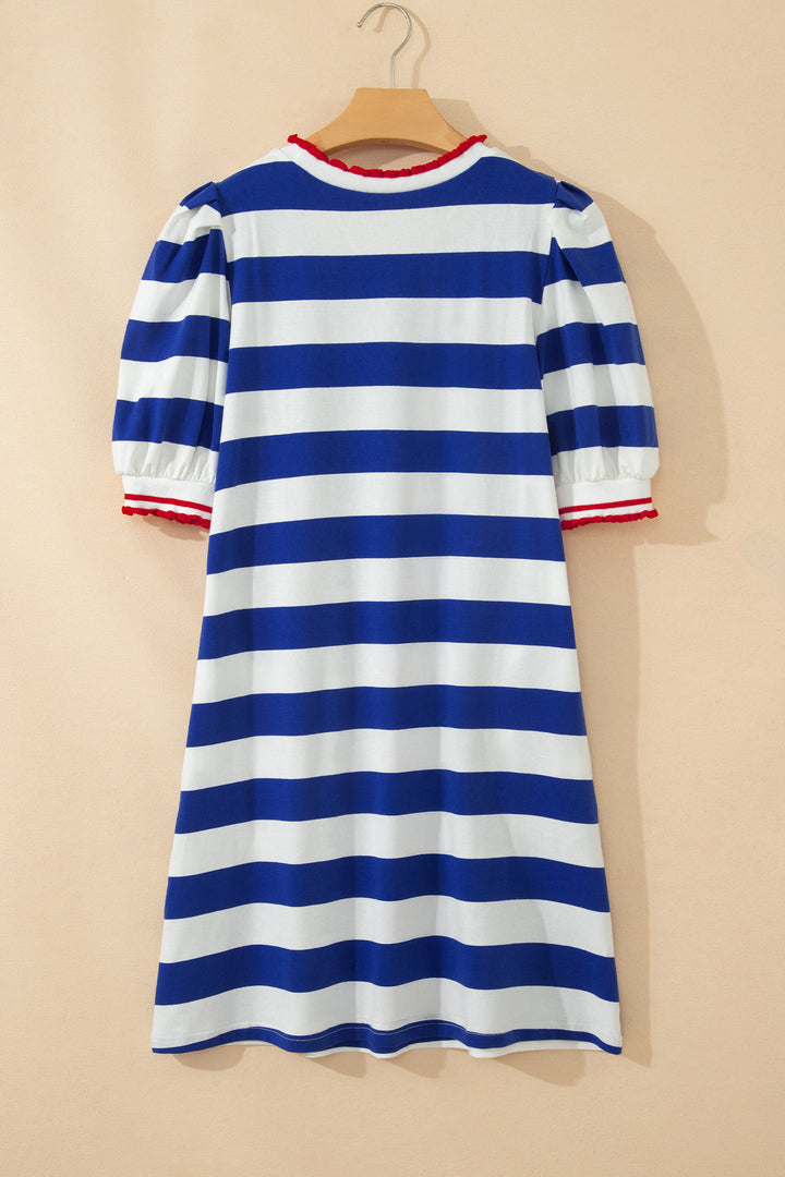 Blue Stripe Contrast Trim Short Puff Sleeve Shift Mini Dress