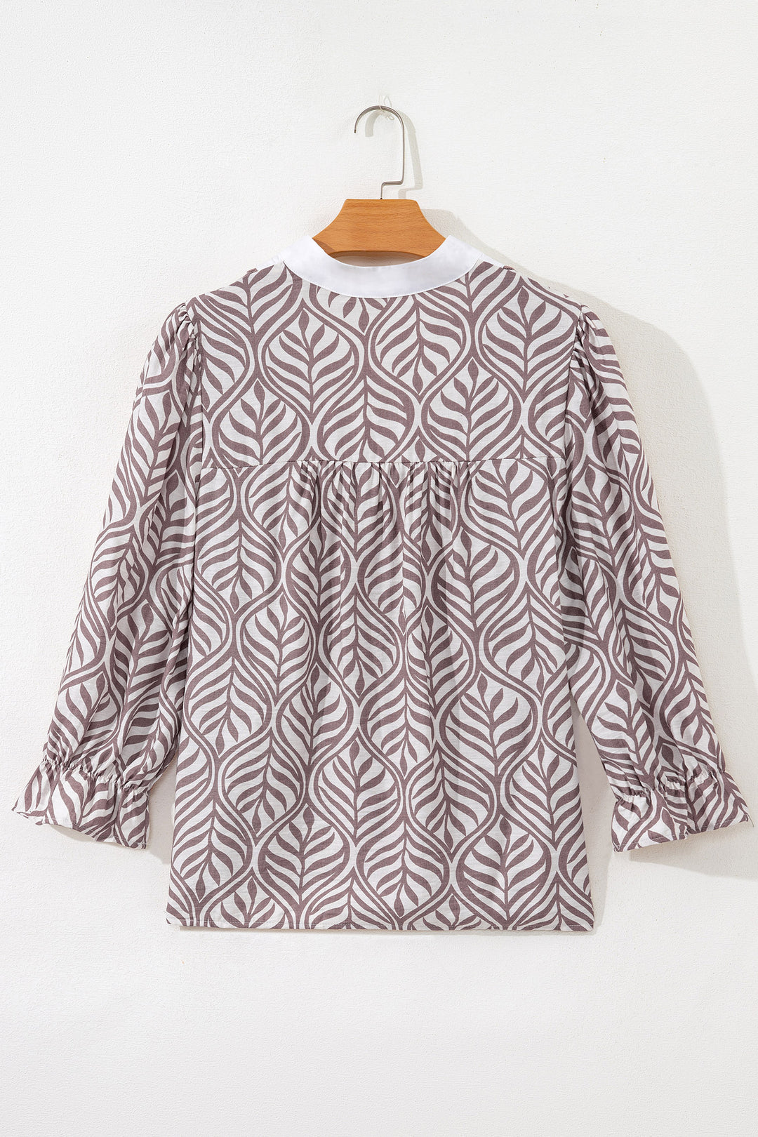 Leaf Print Standing Collar Puff Sleeve Top