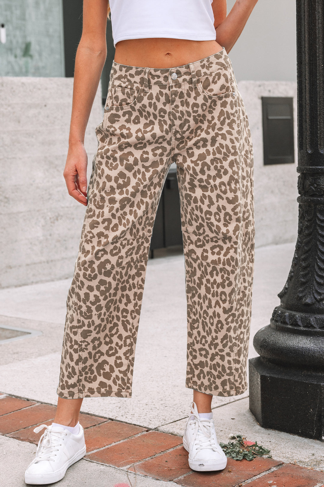 Khaki Leopard Print Barrel Leg Jeans