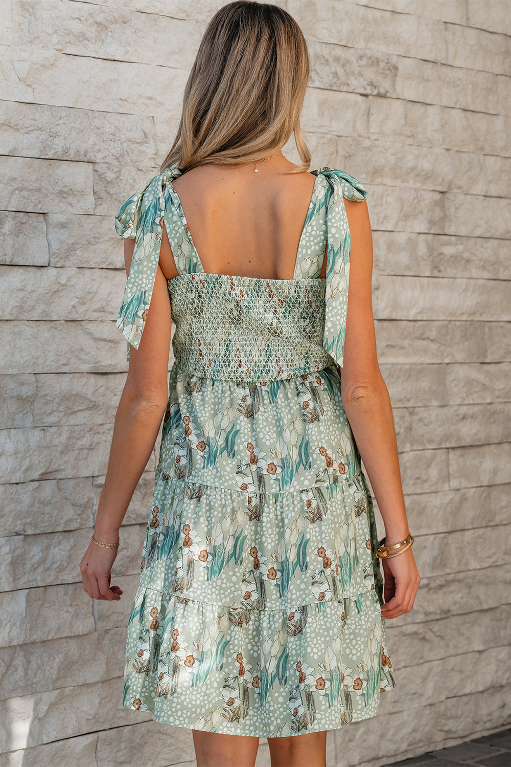 Floral Knotted Strap Smocked Tiered Ruffle Mini Dress