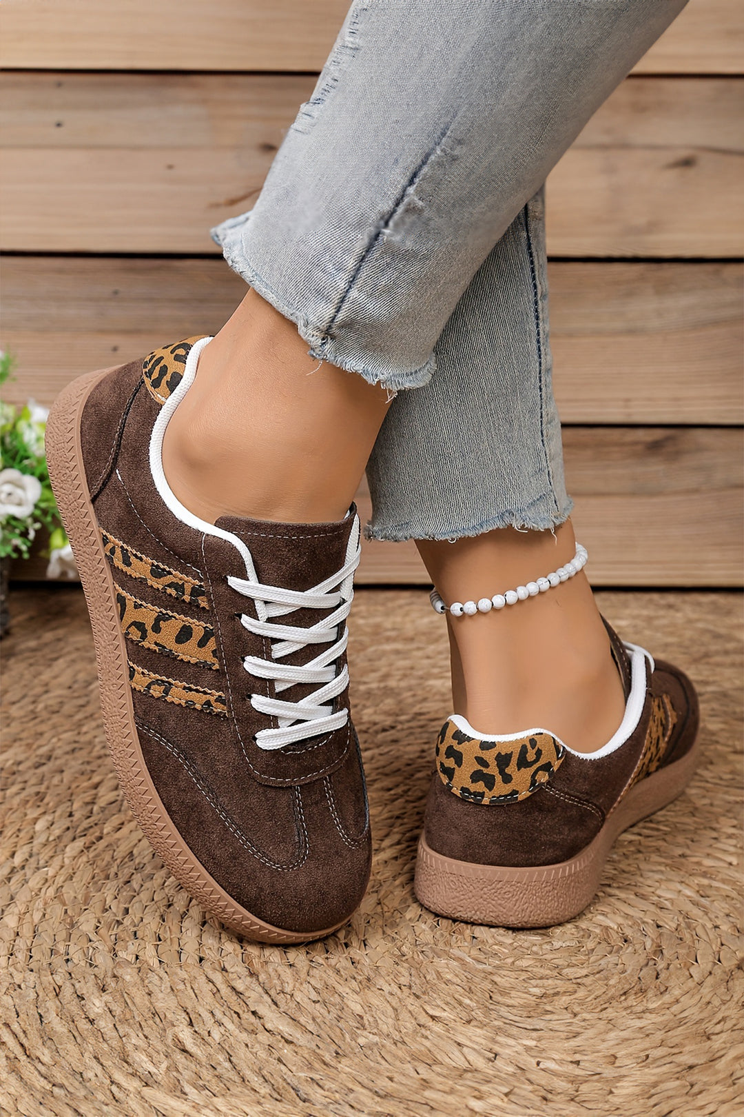 Contrast Lace-up Leopard Patchwork Detail Faux Suede Shoes
