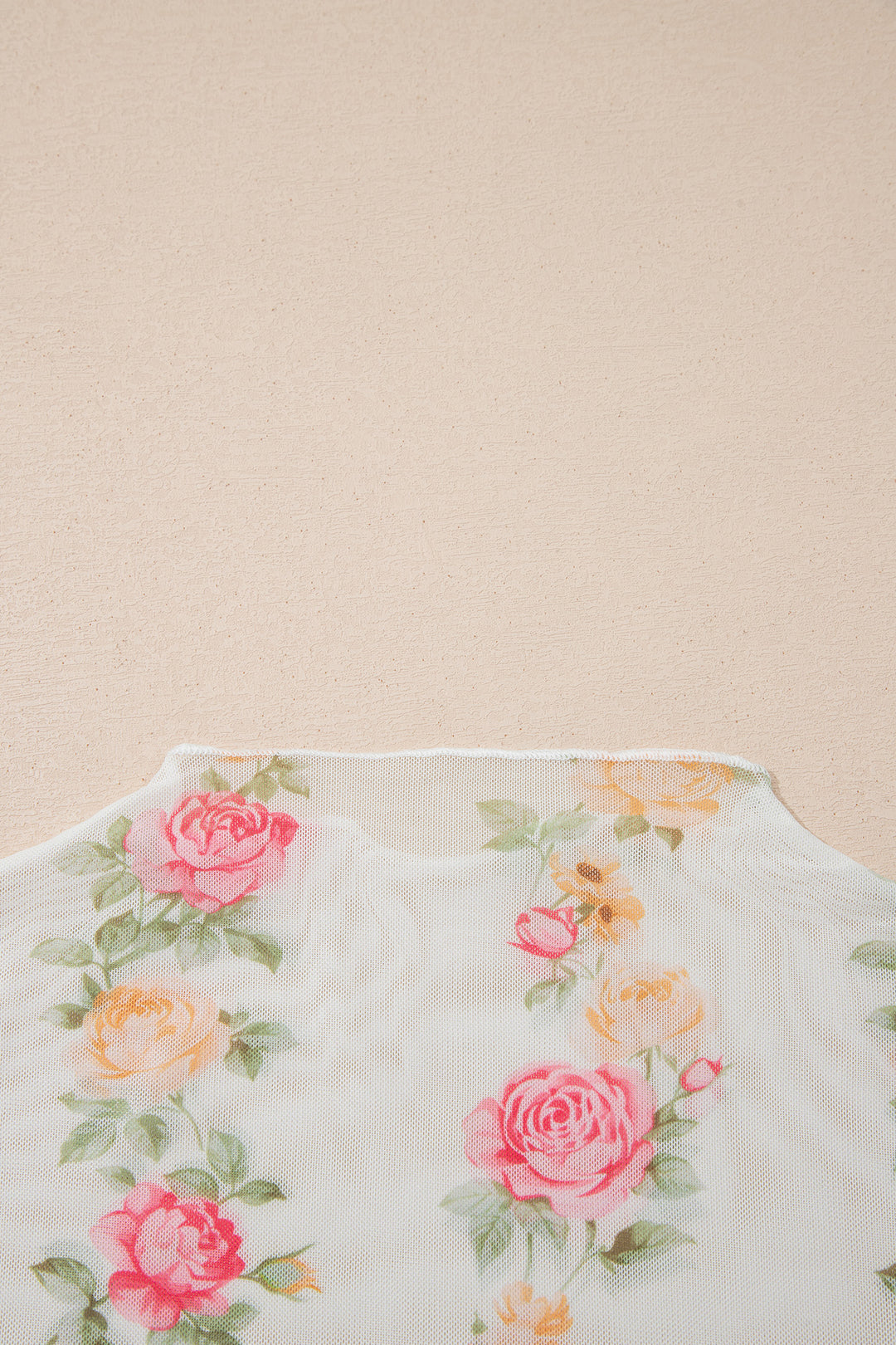 Beige Floral Print Mock Neck Short Sleeve Mesh Top