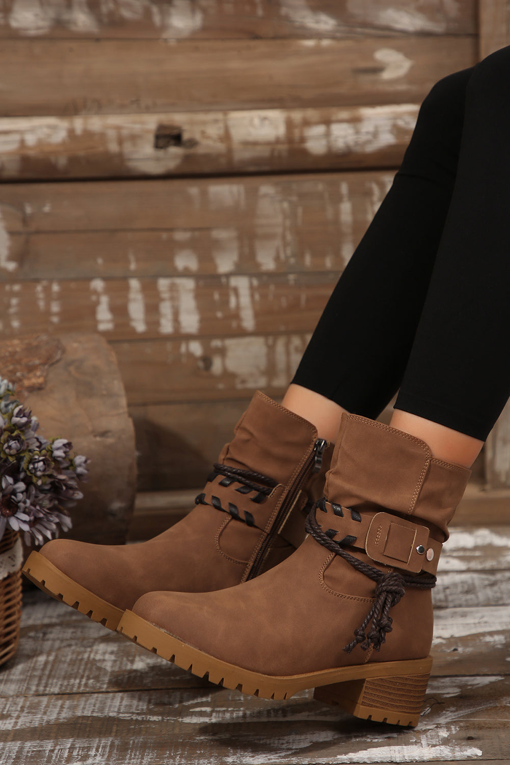 Suede Woven Lace-up Strap Side Zip Boots