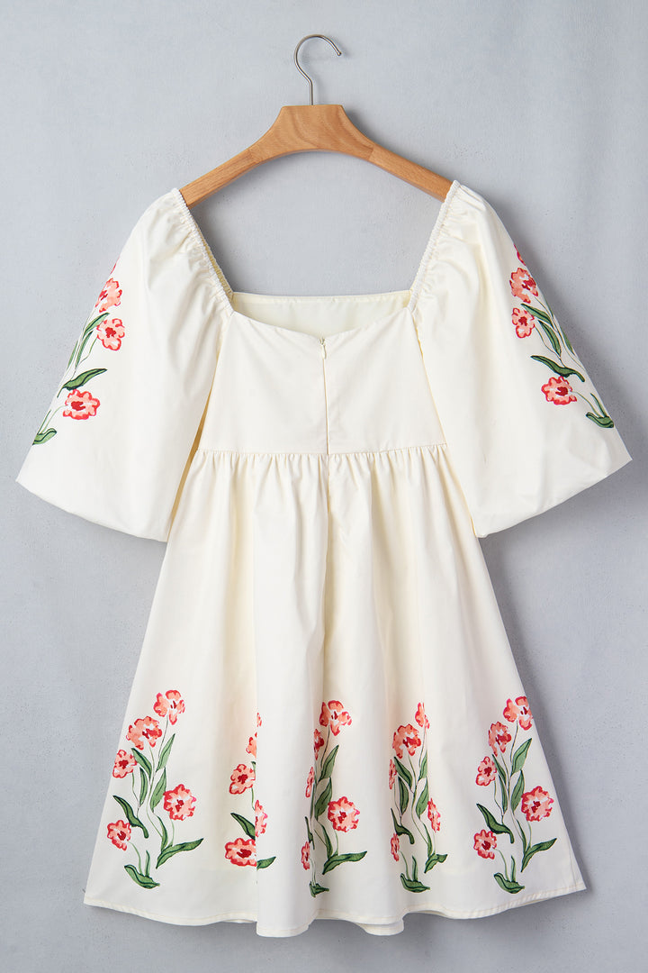 Cute Beige Floral Print Puff Sleeve Babydoll Dress