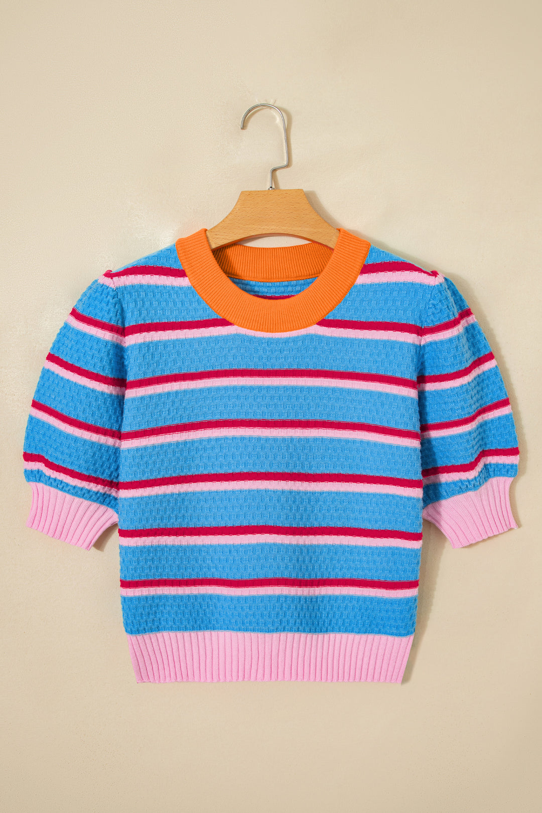 Sky Blue Stripe Colorblock Trim Half Sleeve Sweater Top