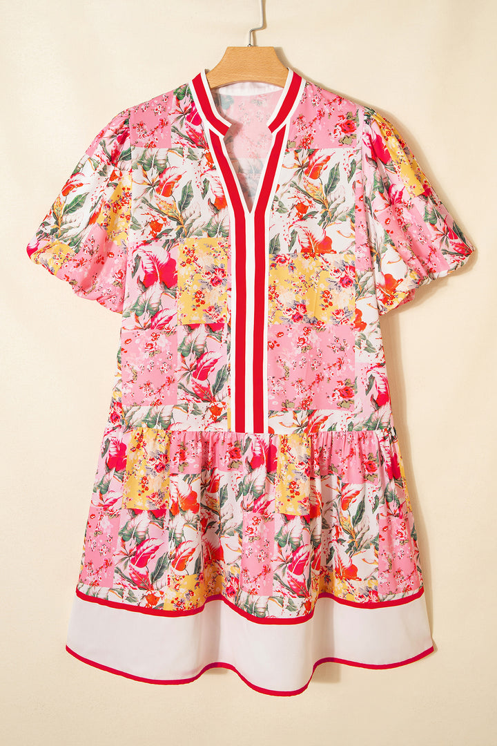 Pink Color Block Floral Print Contrast Trim V Neck Ruffle Hem Mini Dress