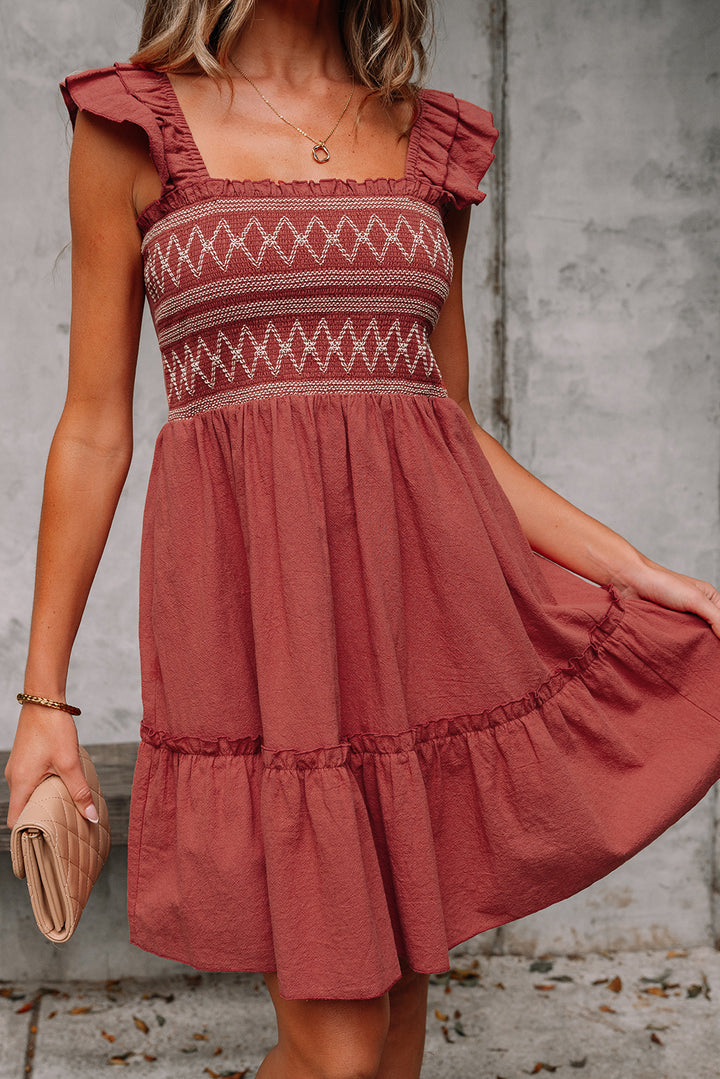 Geometric Stitch Shirred Bodice Ruffled Trim Sleeveless Mini Dress
