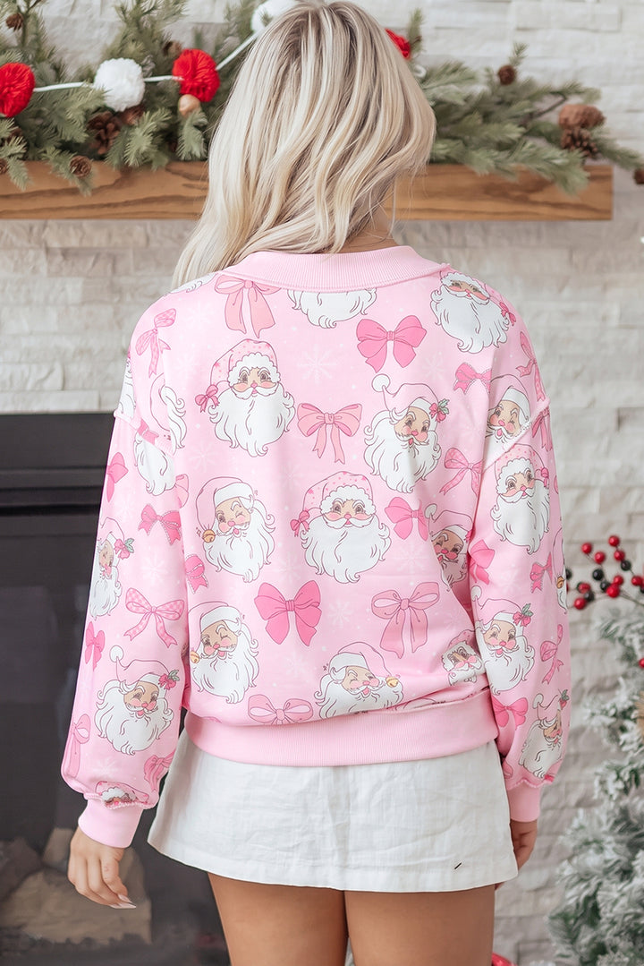 Pink Abstract Santa Print Drop Shoulder High Neck Sweatshirt