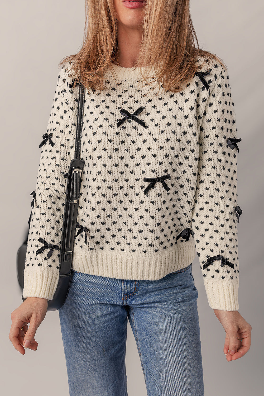 Bow Decor Color Contrast Ribbed Edge Crew Neck Sweater