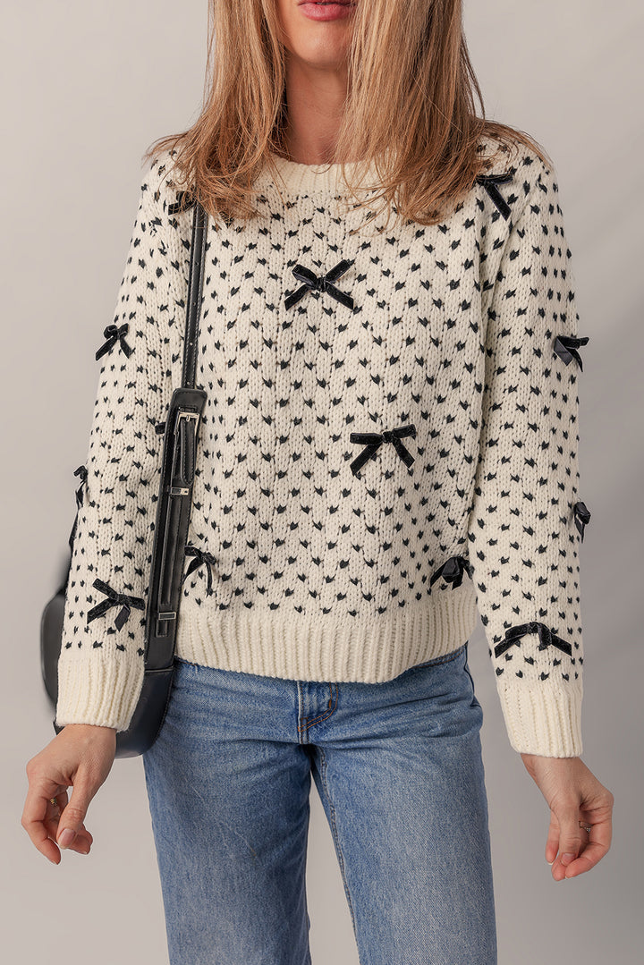 Bow Decor Color Contrast Ribbed Edge Crew Neck Sweater