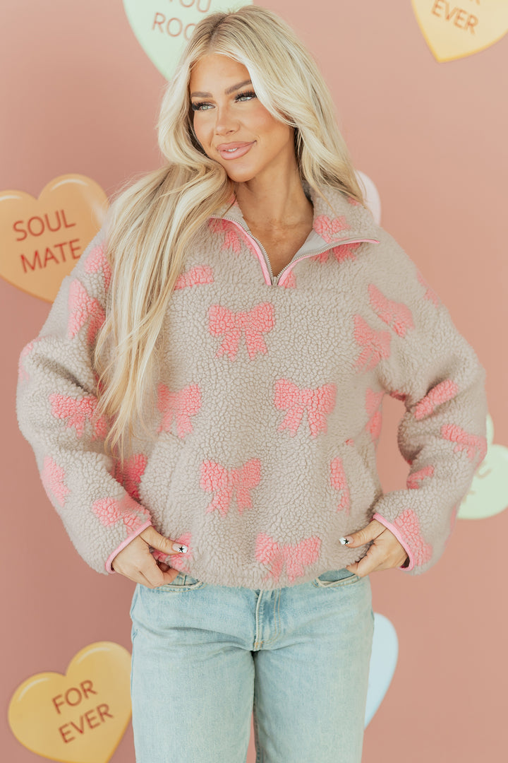 Bow Sherpa Quarter Zip Drop Shoulder Baggy Sweatshirt
