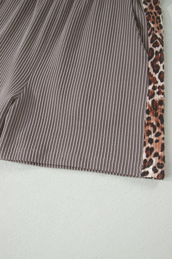 Light Grey Leopard Trim Twist Ribbed Short Set