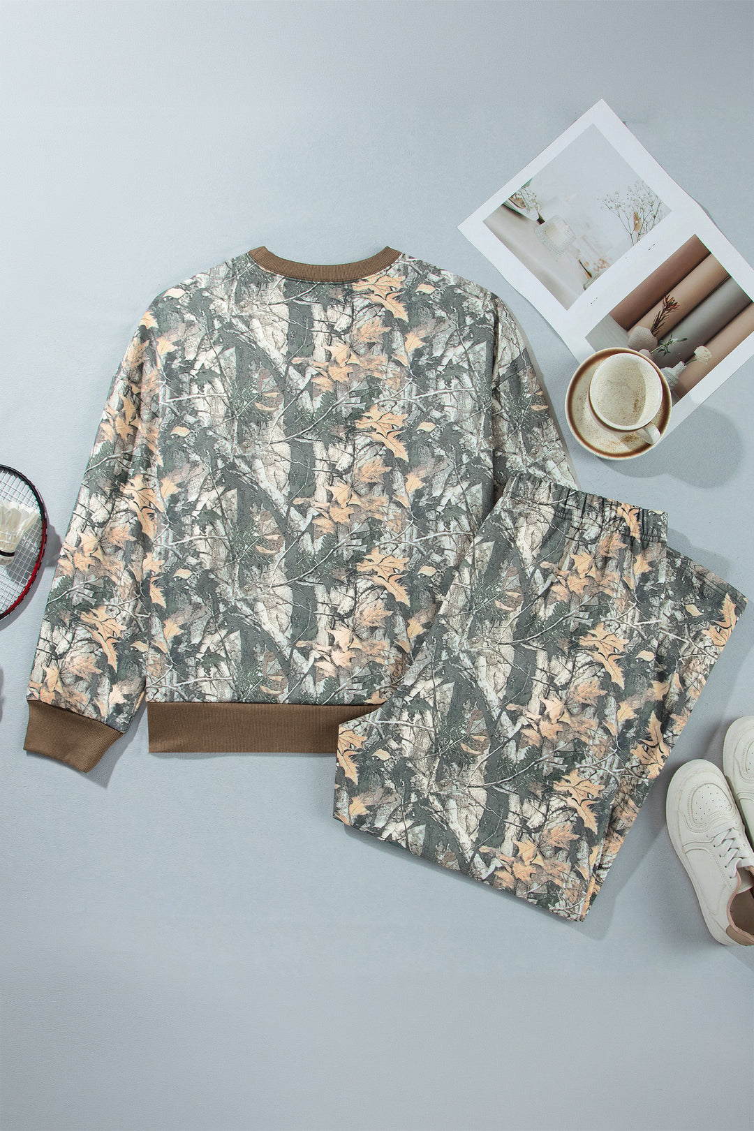 Brown Jungle Camouflage Print Long Sleeve Top Plus Size Pant Set