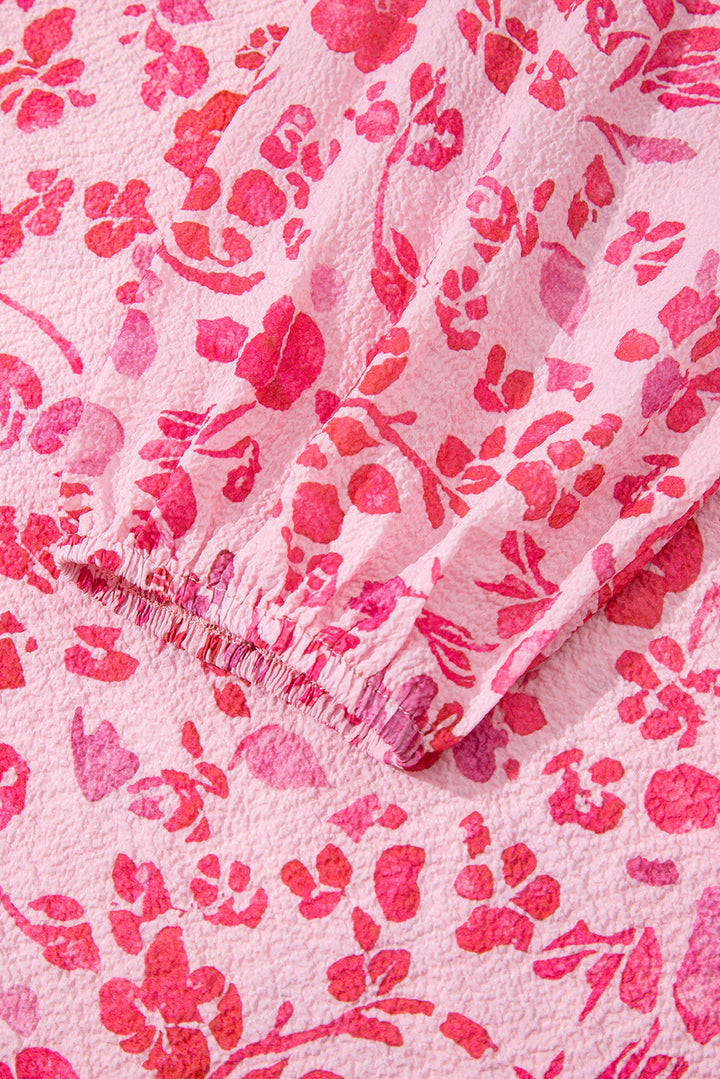 Floral Puff Sleeve Split Neck Lightweight Blouse