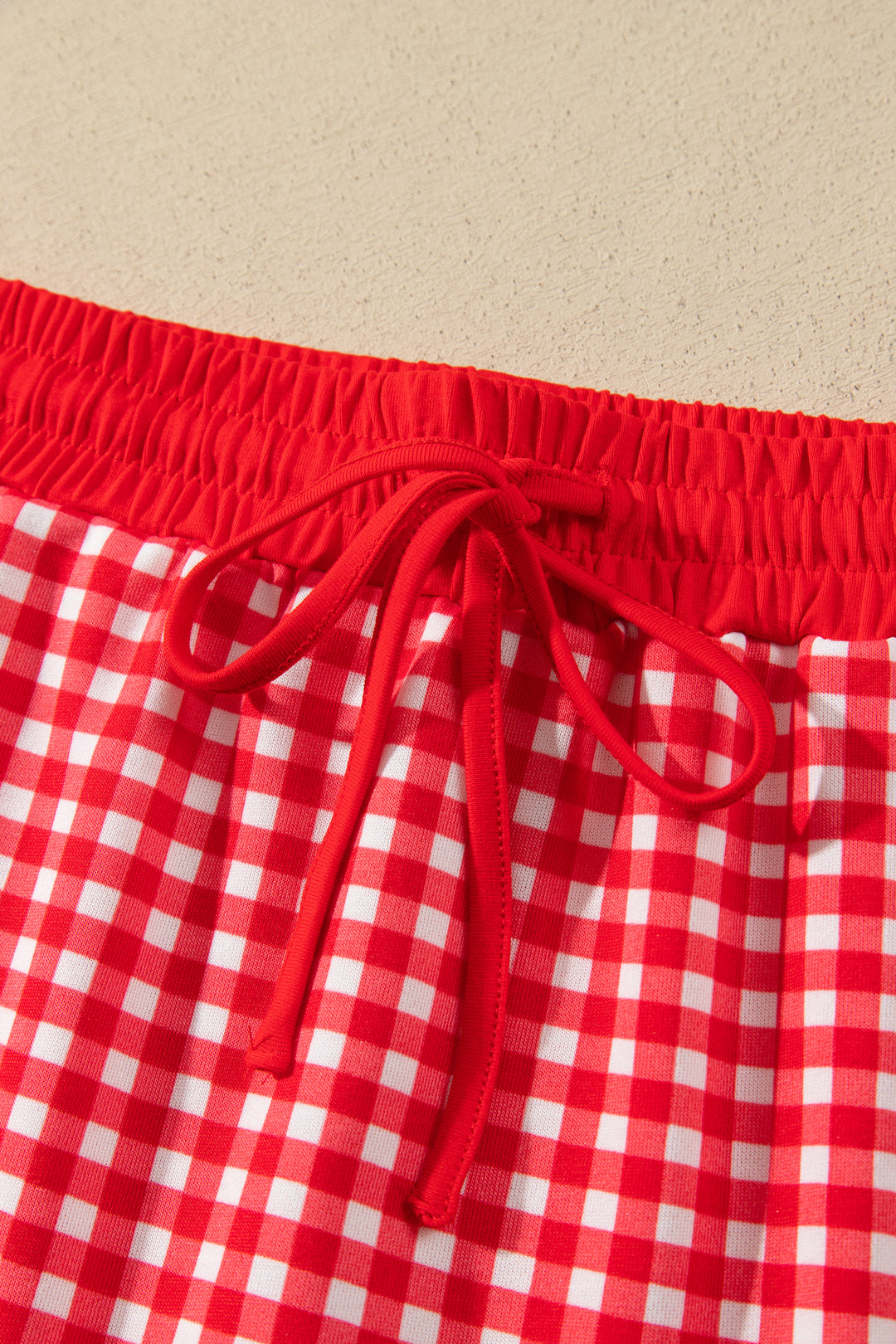 Red Gingham Oversized Ribbed Trim Crew Neck Long Sleeve Top and Skort Set