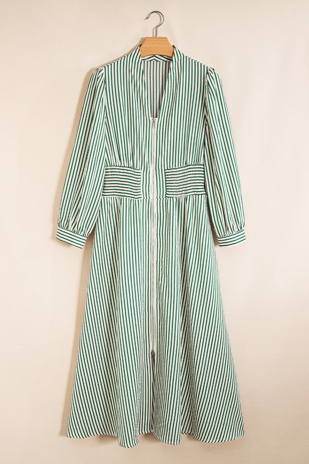 V Neck Zip Front Cinched High Waist Midi Dress