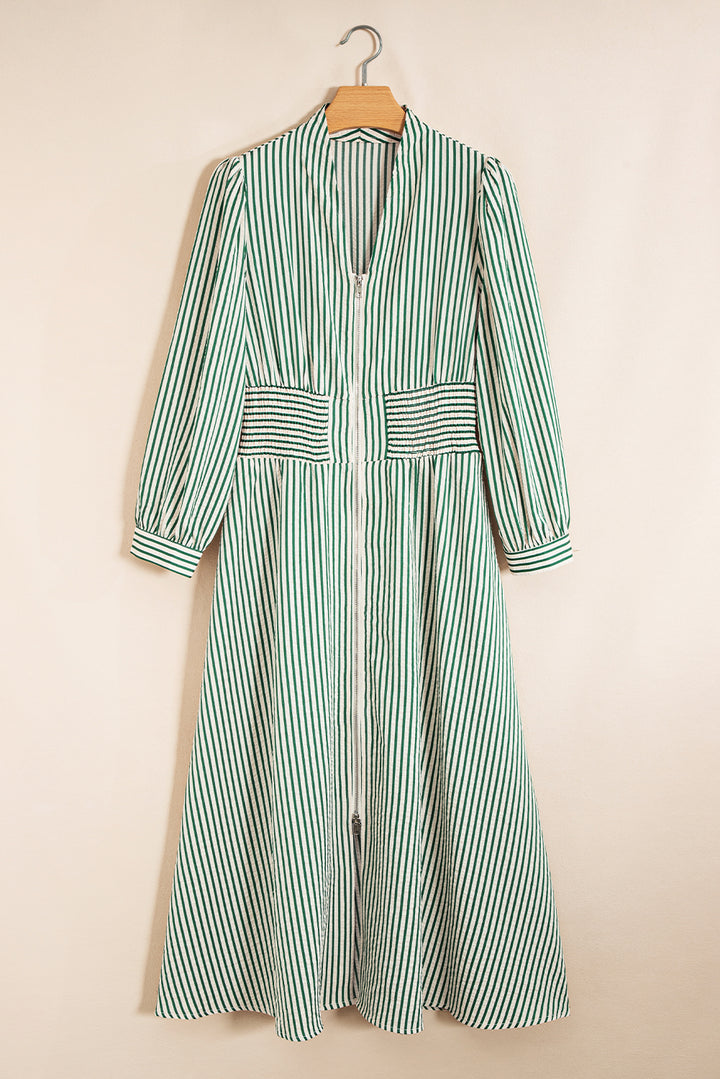 V Neck Zip Front Cinched High Waist Midi Dress