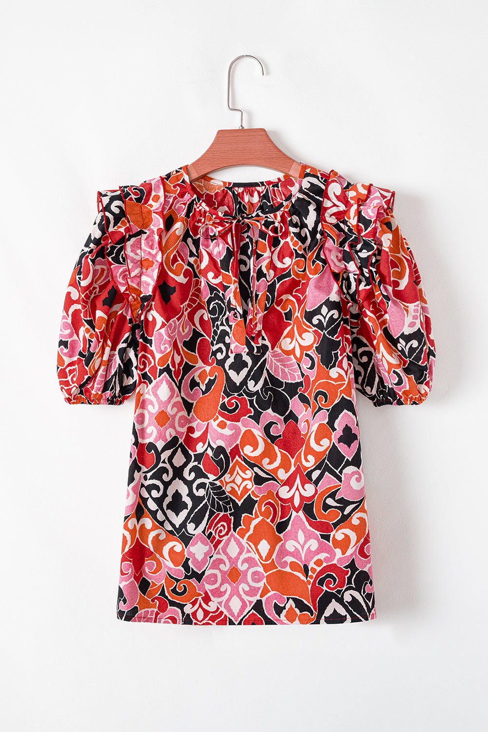 ethnic print split neck short puff sleeve blouse