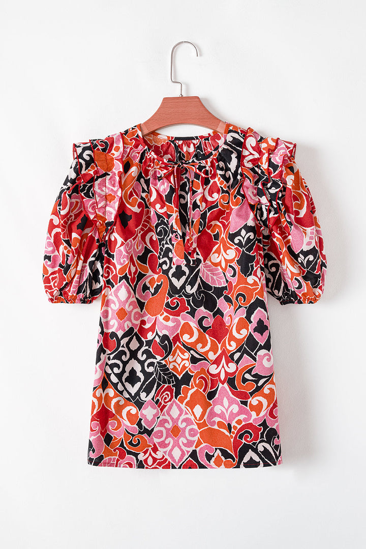 ethnic print split neck short puff sleeve blouse