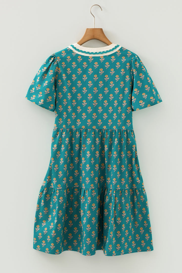 Contrast Trim V Neck Short Sleeve Floral Dress