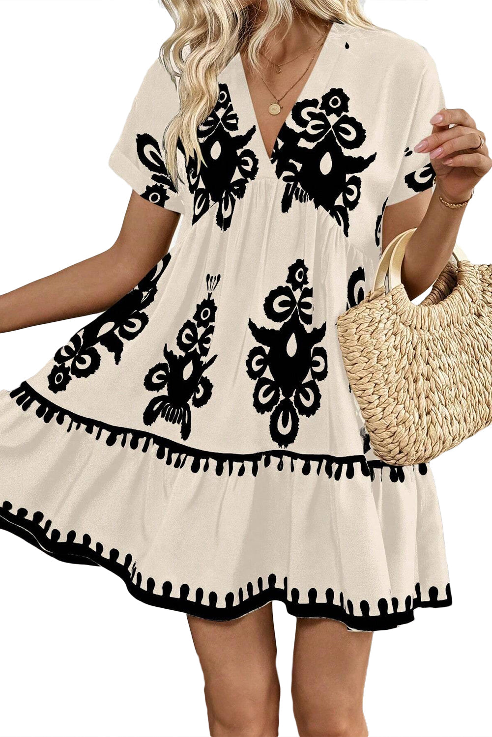 Vintage Print V Neck High Waist Short Sleeve Dress