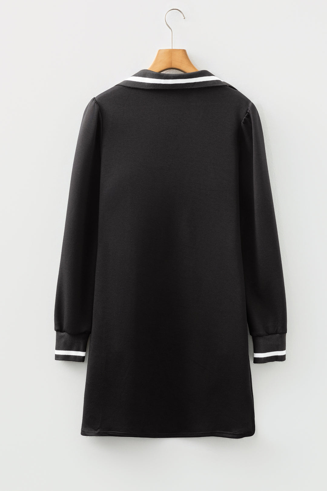 Black Striped Trim V Neck Collared Long Sleeve Shift Mini Dress