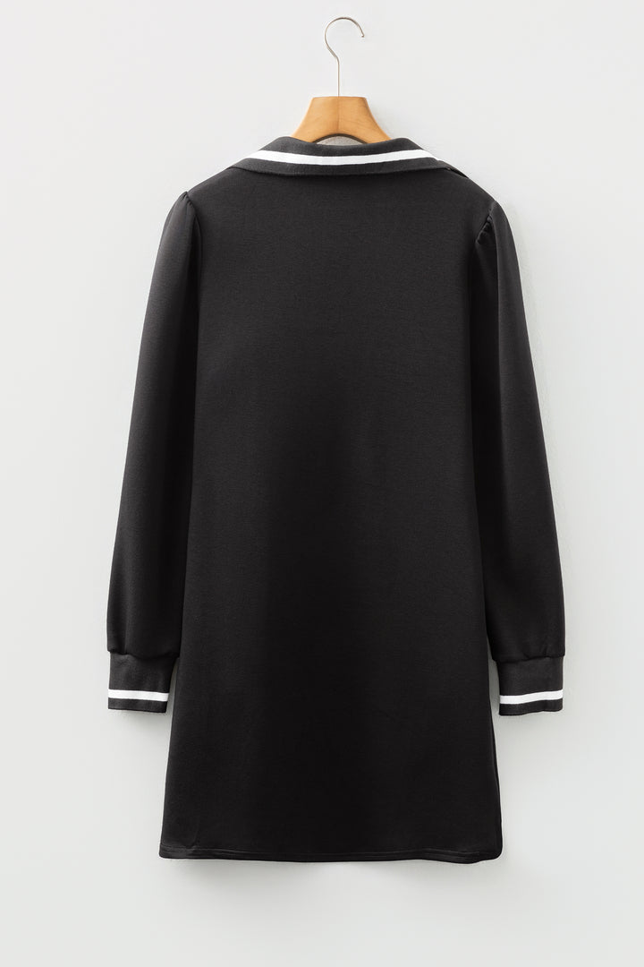 Black Striped Trim V Neck Collared Long Sleeve Shift Mini Dress