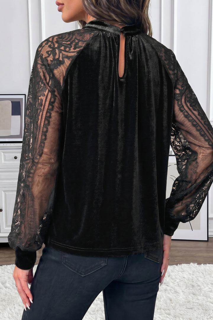 Black Sheer Lace Long Sleeve Patchwork Stand Neck Velvet Blouse