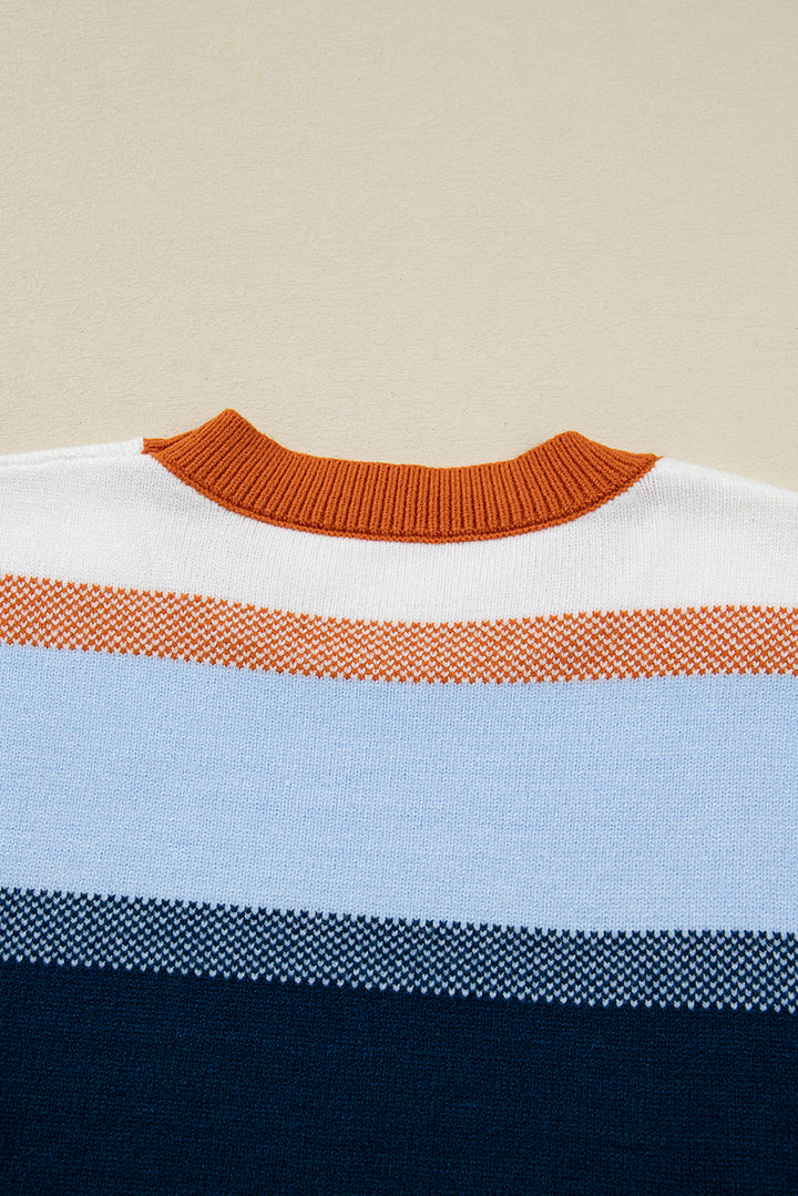 Dark Blue Color Block Round Neck Tunic Sweater
