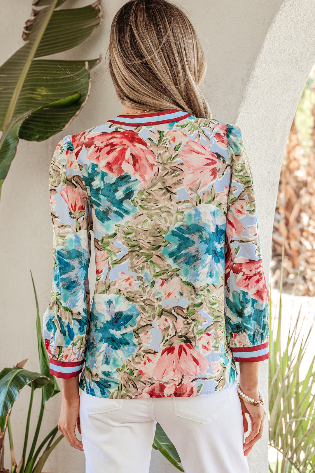 Contrast Trim V Neck Cuffed Bracelet Sleeve Floral Blouse