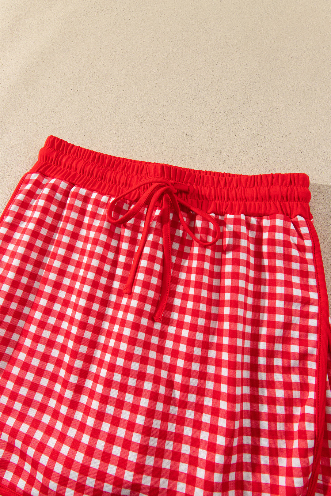 Red Gingham Oversized Ribbed Trim Crew Neck Long Sleeve Top and Skort Set