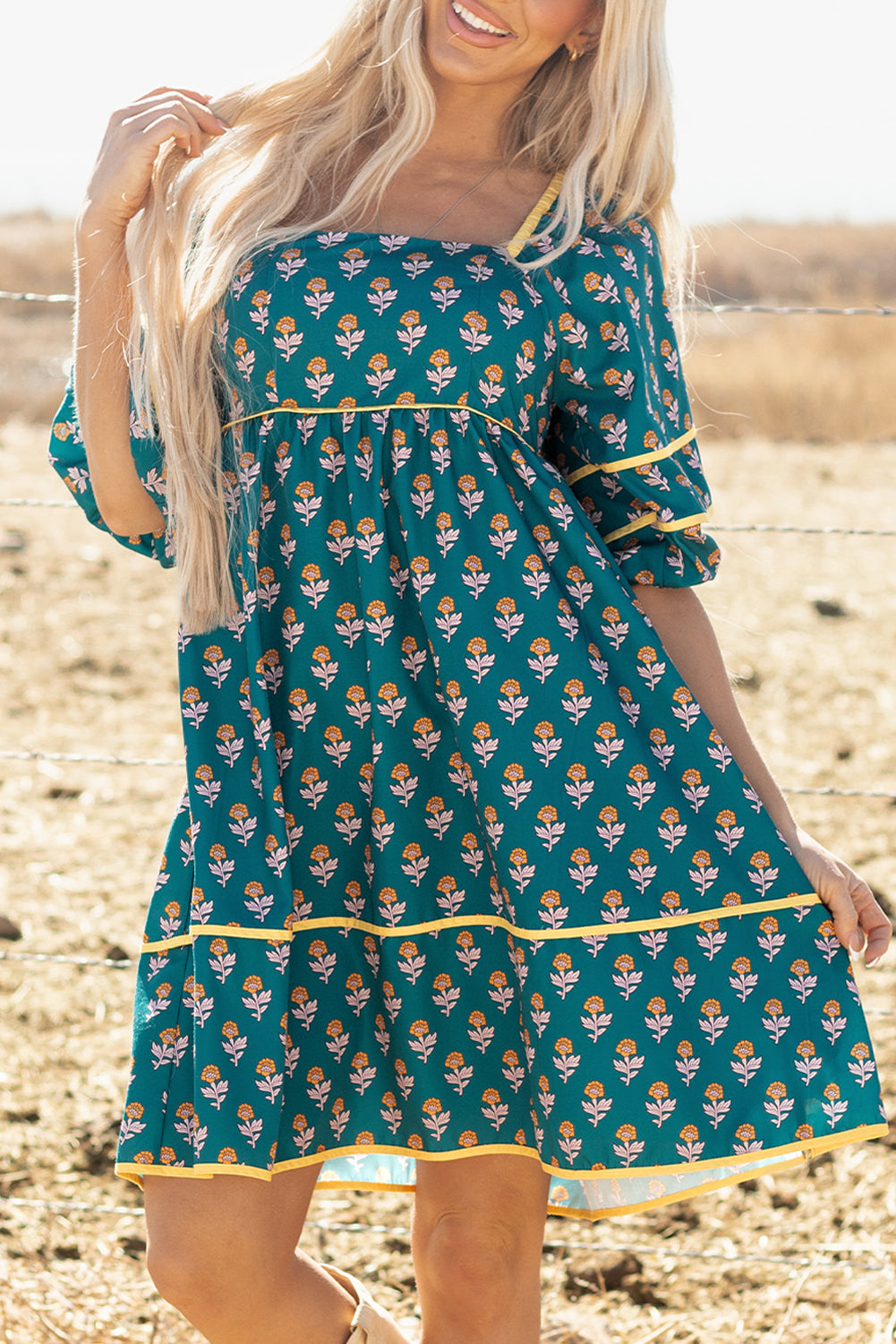 Floral Contrast Trim Square Neck Puff Sleeve Dress