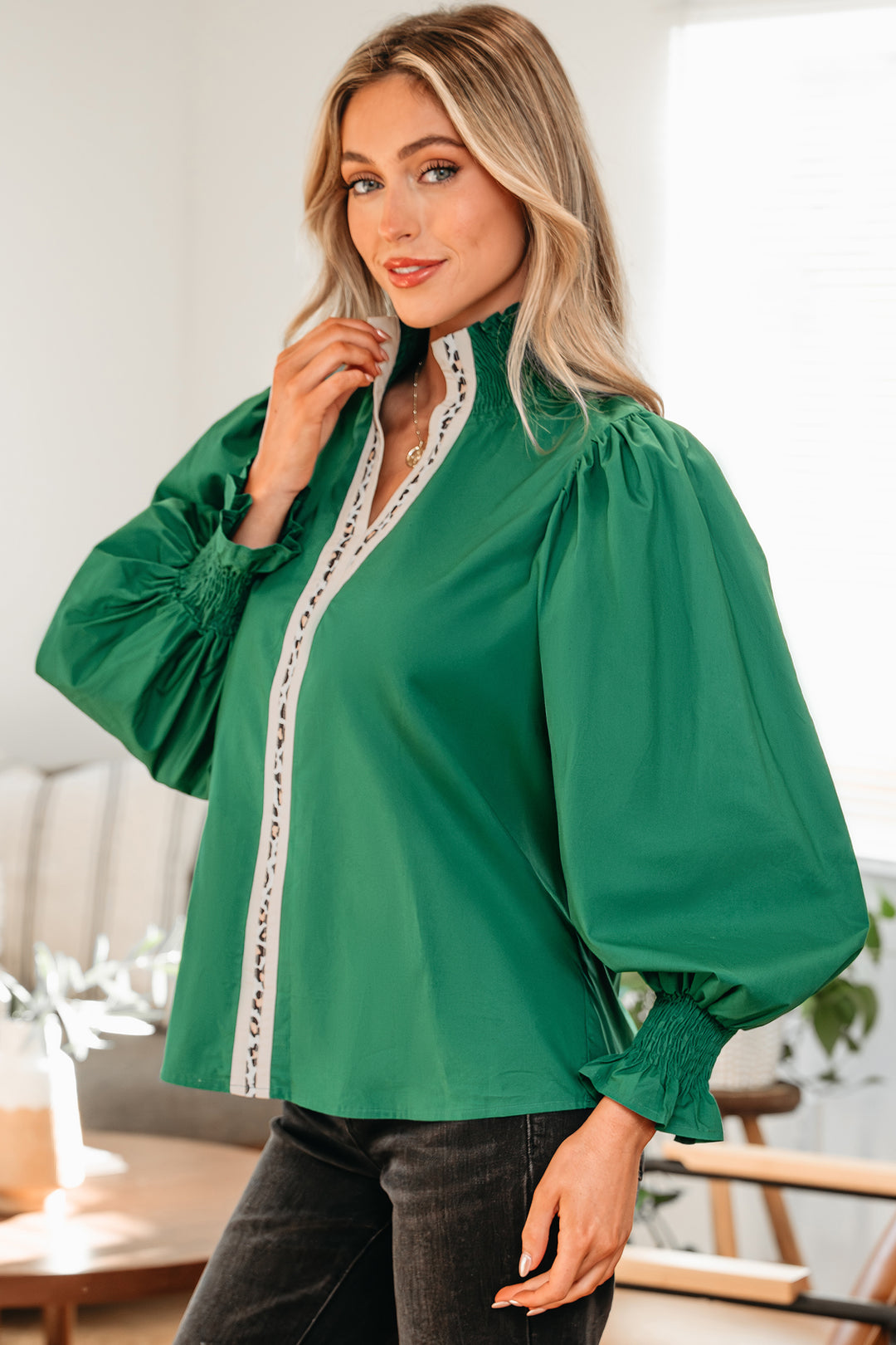 Puffy Flounce Sleeve Leopard Trim V Neck Blouse