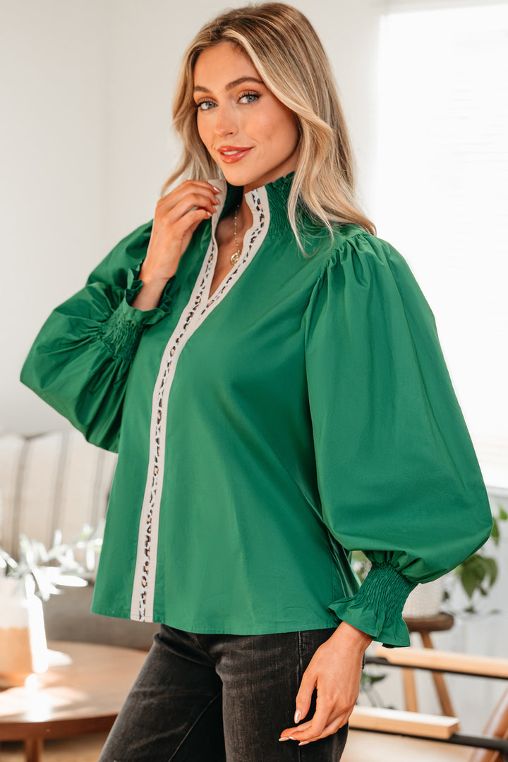Puffy Flounce Sleeve Leopard Trim V Neck Blouse